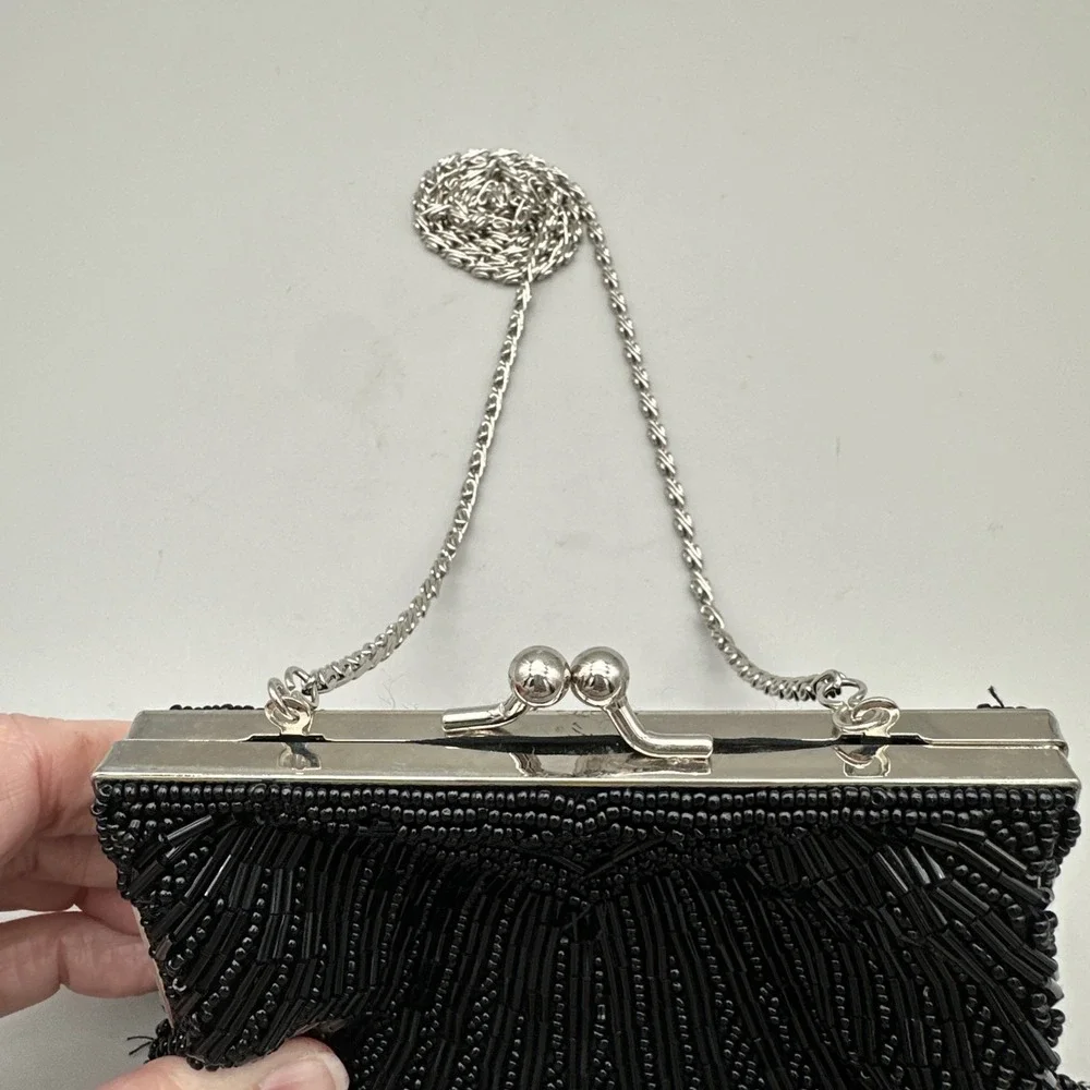Apt. 9 Black Beaded Evening Clutch Purse Shell Design Kiss Lock Vintage Style 6
